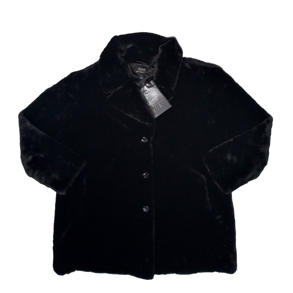 NWT Dennis Basso Mid Length Womans Sz XL Black Faux Fur Coat 30th Anniversary